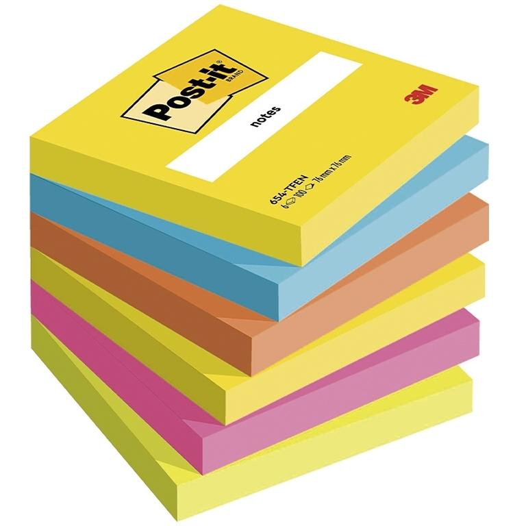 3M Post-It Energetic Notas Adhesivas 76x76 mm, Pack 6 Blocs, 100 Hojas/Bloc Colores Surtidos
