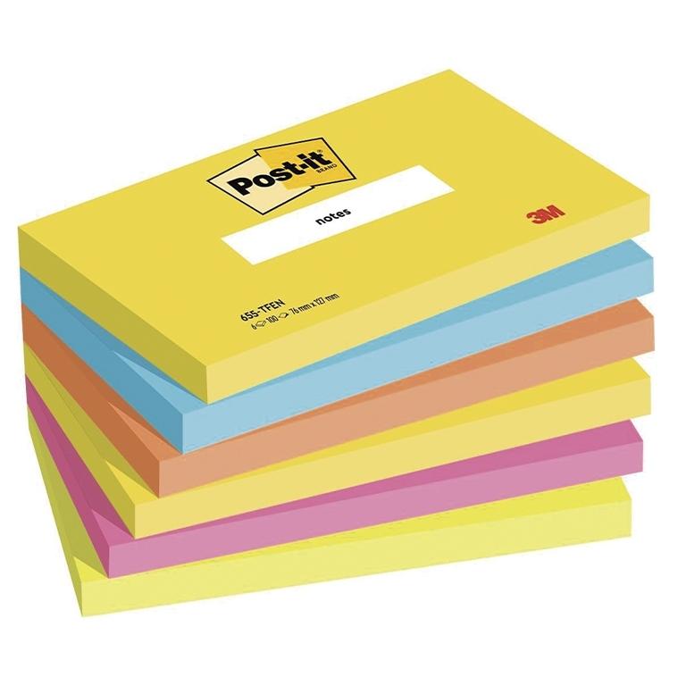 3M Post-It Energetic Notas Adhesivas 76x127 mm, Pack 6 Blocs, 100 Hojas/Bloc