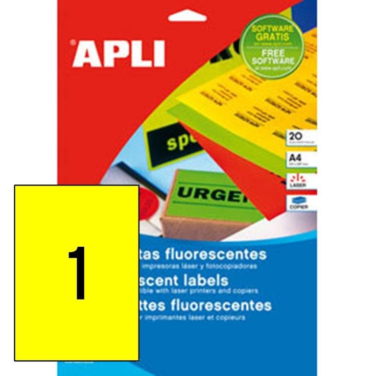 Apli Etiquetas Adhesivas Permanentes 210x297mm Amarillo Fluorescente (20 hojas)