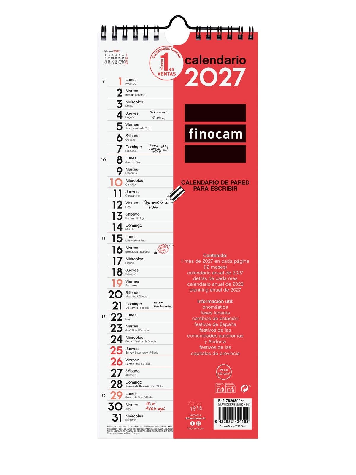 Finocam Calendario Pared Escribir Largo M 2027+