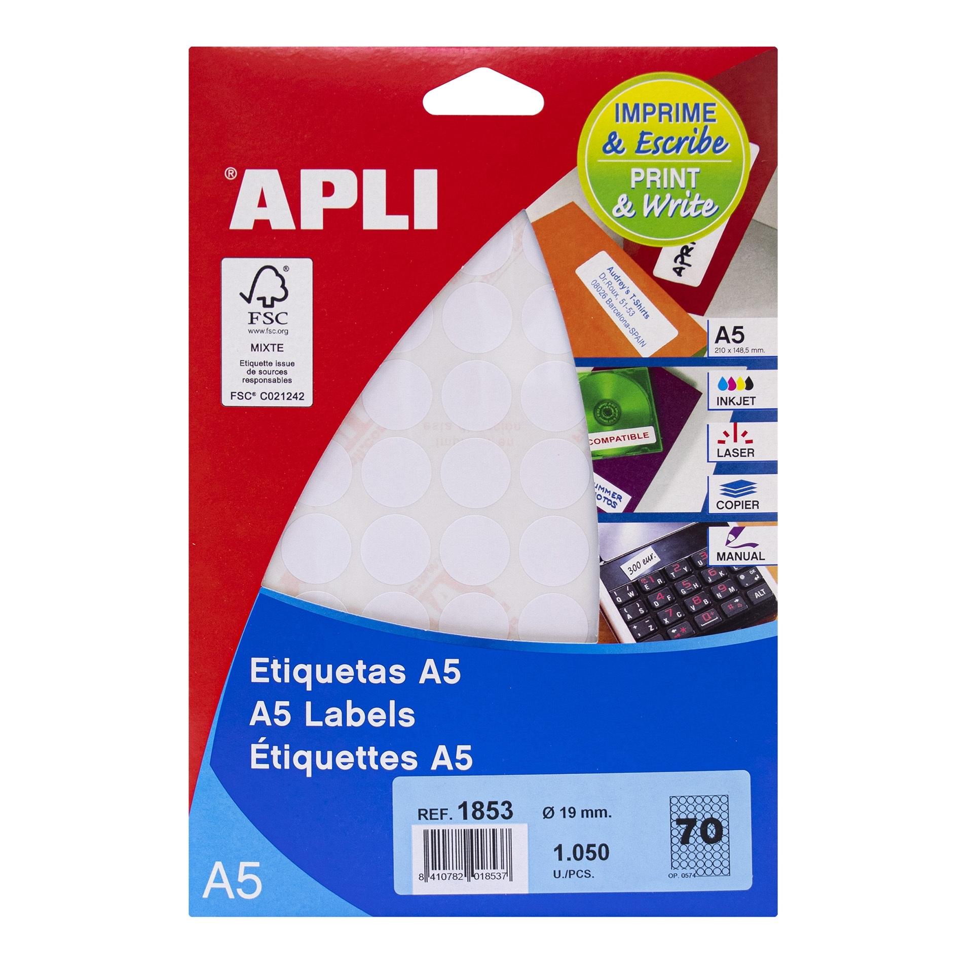 Apli Etiquetas A5 Adhesivas Circulares Diámetro 19mm Blanco (15 hojas)