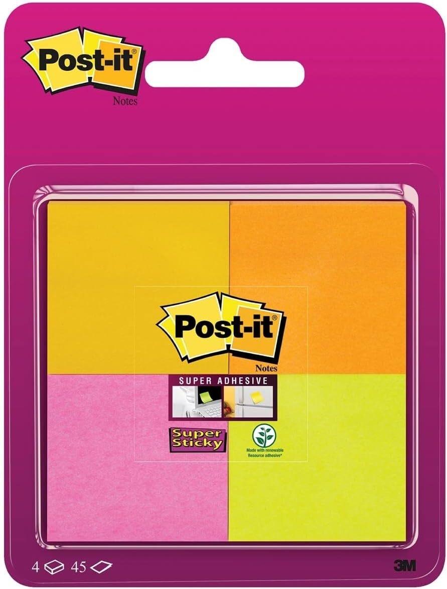 3M Post-It Super Sticky Notas Adhesivas 47,6X47,6 mm, Pack 4 Blocs, 45 Hojas/Bloc