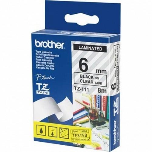 Brother TZe-111 Cinta Laminada Negro sobre Transparente 6 mm x 8 m