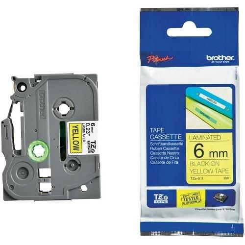 Brother TZe-611 Cinta Laminada Negro sobre Amarillo 6 mm x 8 m